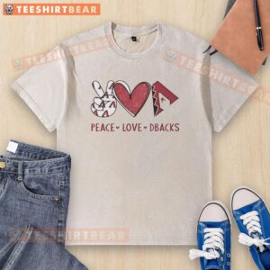 Official Arizona Diamondbacks Peace Love Dbacks hand sign heart shape logo on a washed t-shirt, perfect for fans.