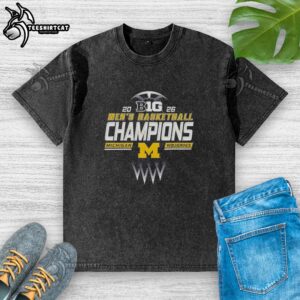 Premium Michigan Wolverines 2026 Big Ten Men's Basketball Champions washed t-shirt, perfect for fans celebrating the season.