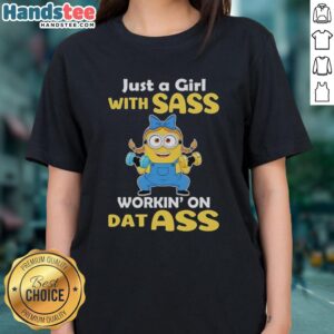 Premium Minion weightlifting tee featuring 'Just A Girl With Sass' design, perfect for fitness-loving ladies.