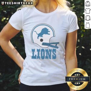 Alt Text: Awesome Detroit Lions football logo on a big helmet featured on a stylish ladies tee shirt.