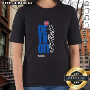 Alt Text: Awesome Detroit Pistons playoff basketball logo on a stylish ladies tee, perfect for fans and game day attire.