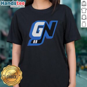 Alt Text: Premium Game Notes Initials Logo on a stylish ladies tee, showcasing trendy design and quality fabric.