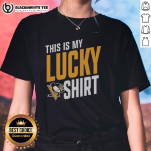 Alt Text: Cute Pittsburgh Penguins ladies tee featuring a lucky design, perfect for fans showing team spirit and style.