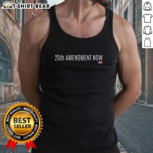 Alt Text: Woman wearing a Nice 25th Amendment Now American small flag tank top, showcasing patriotic style and political statement.