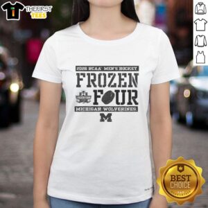 Women's tee featuring 'Top Michigan Wolverines 2026 NCAA Men's Hockey Frozen Four Bound' graphic design.