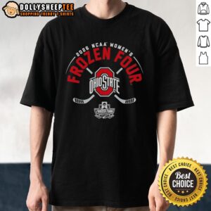 Alt Text: Ohio State Buckeyes NCAA Women's Ice Hockey 2026 Frozen Four logo t-shirt featuring vibrant team colors and design.