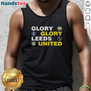 Alt Text: Premium Glory Glory Leeds United FC tank top featuring vibrant team colors and logo, perfect for fans.