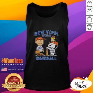 Cute Charlie Brown, Snoopy, and Woodstock in New York Mets baseball jersey tank top, celebrating Est. 1962.