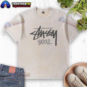 Top Stussy Seoul Logo Washed T-Shirt in vibrant colors, showcasing trendy streetwear style for casual outfits.