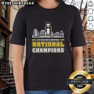 Michigan Wolverines NCAA Men's Basketball National Champions ladies tee with city skyline design, perfect for fans.