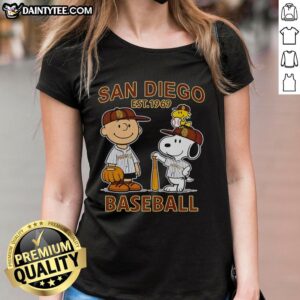 Ladies tee featuring Charlie Brown, Snoopy, and Woodstock with Diego Padres baseball jersey, established 1969.