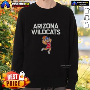 Alt Text: Arizona Wildcats mascot Wilbur in a basketball team sweatshirt, showcasing school spirit and team pride.