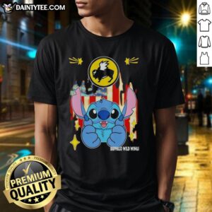 Alt Text: Cute Stitch Like Buffalo Wild Wings USA Flag T-Shirt featuring a playful design with the American flag colors.