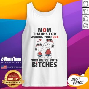 Good Snoopy Mom tank top design featuring playful text about sharing DNA and a humorous twist on family ties.