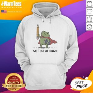 Alt Text: Good teacher frog holding a giant pencil and calculus book on 'We Test at Dawn' hoodie, promoting education fun.