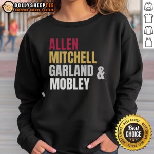 Cleveland Cavaliers basketball sweatshirt featuring the starting four: Allen, Mitchell, Garland, and Mobley.