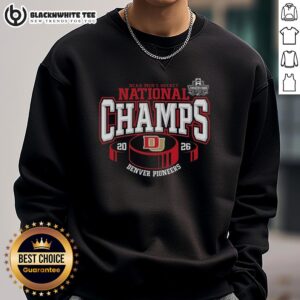 Premium Denver Pioneers 2026 NCAA Frozen Four Men's Ice Hockey National Champions sweatshirt featuring a hockey puck design.