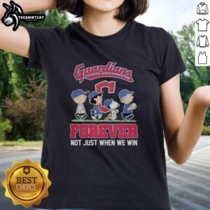 Alt Text: Cute Peanuts characters with Cleveland Guardians logo on MLB Forever tee for ladies, celebrating fandom.