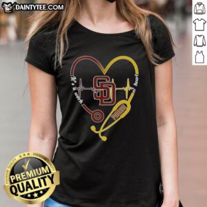 Alt Text: Original San Diego Padres Heart and Soul tee featuring a stethoscope and heartbeat design for ladies.