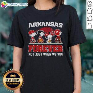Alt Text: Pretty Peanuts x Arkansas Razorbacks Forever Fan tee featuring cartoon characters, perfect for true fans.