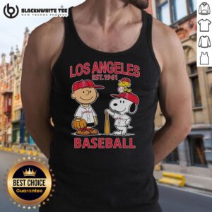 Alt Text: Good Charlie Brown, Snoopy, and Woodstock in Los Angeles Angels baseball jersey tank top, est. 1961.