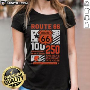 Ladies tee celebrating the Cleveland Browns Route 66 Centennial 100th Anniversary 1926-2026 and America's 250th Anniversary.