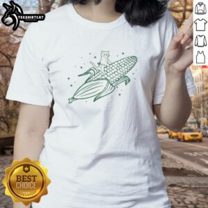 Official Gary Riding Corn Ladies Tee featuring a vibrant graphic of Gary on a corn cob, perfect for casual wear.