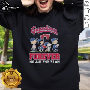 Alt Text: Cute Peanuts characters with Cleveland Guardians logo on a sweatshirt, celebrating MLB fandom: 'Forever, Not Just When We Win.'