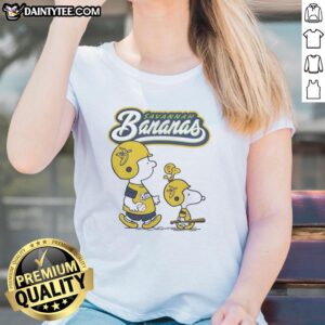 Original Peanuts characters with Savannah Bananas graphic on a stylish ladies tee, perfect for fans and casual wear.