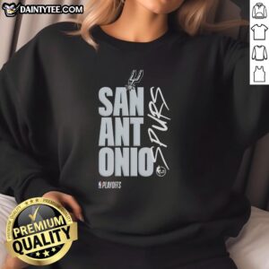 Alt Text: Official San Antonio Spurs playoff logo sweatshirt featuring team colors and emblem, perfect for fans.