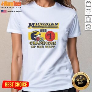 Vintage ladies tee featuring the 1989 NCAA Champions of the West Michigan Wolverines logo and design.