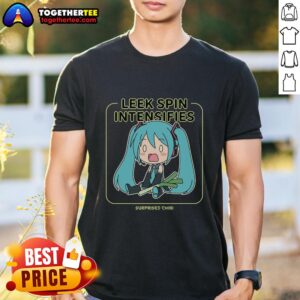 Surprised chibi Miku wearing a 'Top Leek Spin Intensifies' T-shirt, showcasing vibrant colors and playful design.