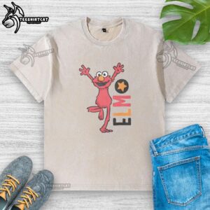 Alt Text: Nice Sesame Street Elmo cartoon text washed t-shirt featuring vibrant colors and playful design for kids.