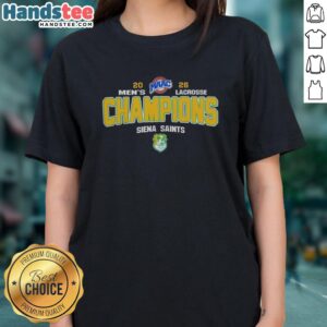 Alt Text: Premium NCAA Siena Saints 2026 MAAC Men's Lacrosse Tournament Champions Ladies Tee showcasing team pride and style.