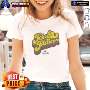 Good Jobs and Justice logo on a stylish ladies tee, promoting fair labor and equality in the workplace.