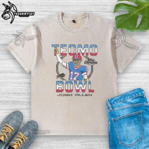Alt Text: Official Tecmo Bowl X Topps Chrome Bill Josh Allen washed t-shirt featuring vibrant graphics and a stylish design.
