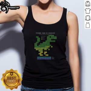 Alt Text: Stylish tank top featuring a colorful periodic table of dinosaurs, perfect for dinosaur enthusiasts and fashion lovers.