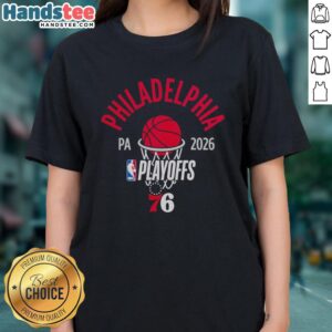 Hot Philadelphia 76ers 2026 Playoffs ladies tee shirt showcasing NBA basketball team pride and style.