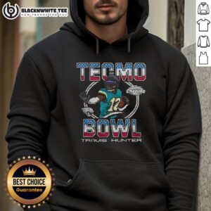 Alt Text: Nice Tecmo Bowl X Topps Chrome Jaguars Travis Hunter Hoodie featuring vibrant graphics and stylish design.