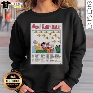 Top Good Flying Birds Summer EU UK Tour 2026 poster on a sweatshirt, featuring vibrant colors and tour details.