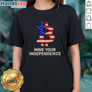 Original Mine Your Independence Bitcoin tee featuring an American flag design for ladies' casual wear.