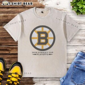 Alt Text: Original Boston Bruins Ice Hockey NHL Stanley Cup Playoffs Big Logo Washed T-Shirt in black with vintage design.