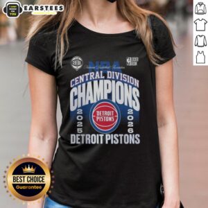Black Detroit Pistons 2026 Central Division Champions ladies tee in locker room showcasing team pride and style.