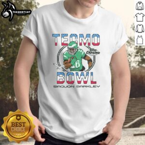 Alt Text: Official Tecmo Bowl X Topps Chrome Eagles Saquon Barkley T-Shirt featuring vibrant graphics and team colors.