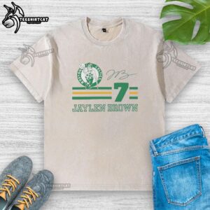 Alt Text: Jaylen Brown Boston Celtics signature name and number washed t-shirt showcasing team pride in stylish design.