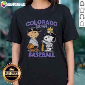 Top Charlie Brown, Snoopy, and Woodstock in Colorado Rockies jersey, Est. 1993, on a stylish ladies tee.