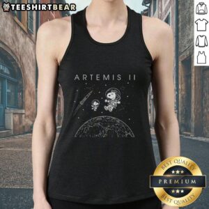 Snoopy and Woodstock flying in outer space on a NASA Artemis II tank top, showcasing a playful space adventure theme.