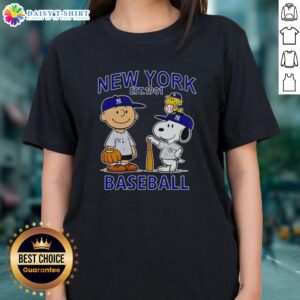 Top Charlie Brown, Snoopy, and Woodstock in New York Yankees baseball jersey est. 1901 on ladies tee shirt.