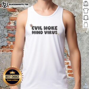 Pretty Vivian Wilson wearing an Evil Woke Mind Virus tank top, showcasing a bold graphic design and stylish fit.