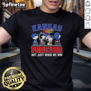 Alt Text: Top Peanuts X Kansas Jayhawks Forever Fan T-Shirt featuring cartoon characters, perfect for loyal fans.